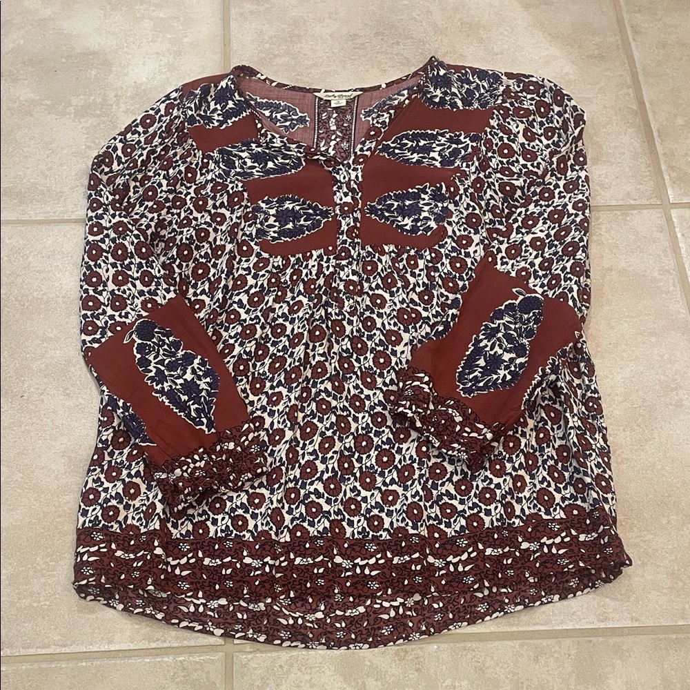 Lucky Brand Boho Floral Peasant Long Sleeve Blouse